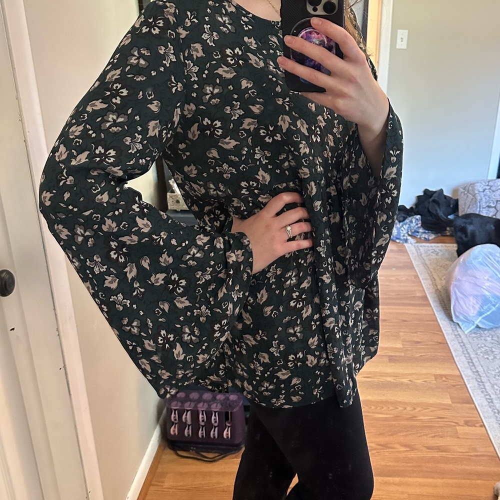 LOFT green floral top with bell sleeves size L